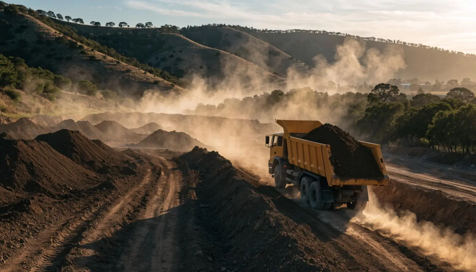 Yellow dump truck hauling dirt on a construction site