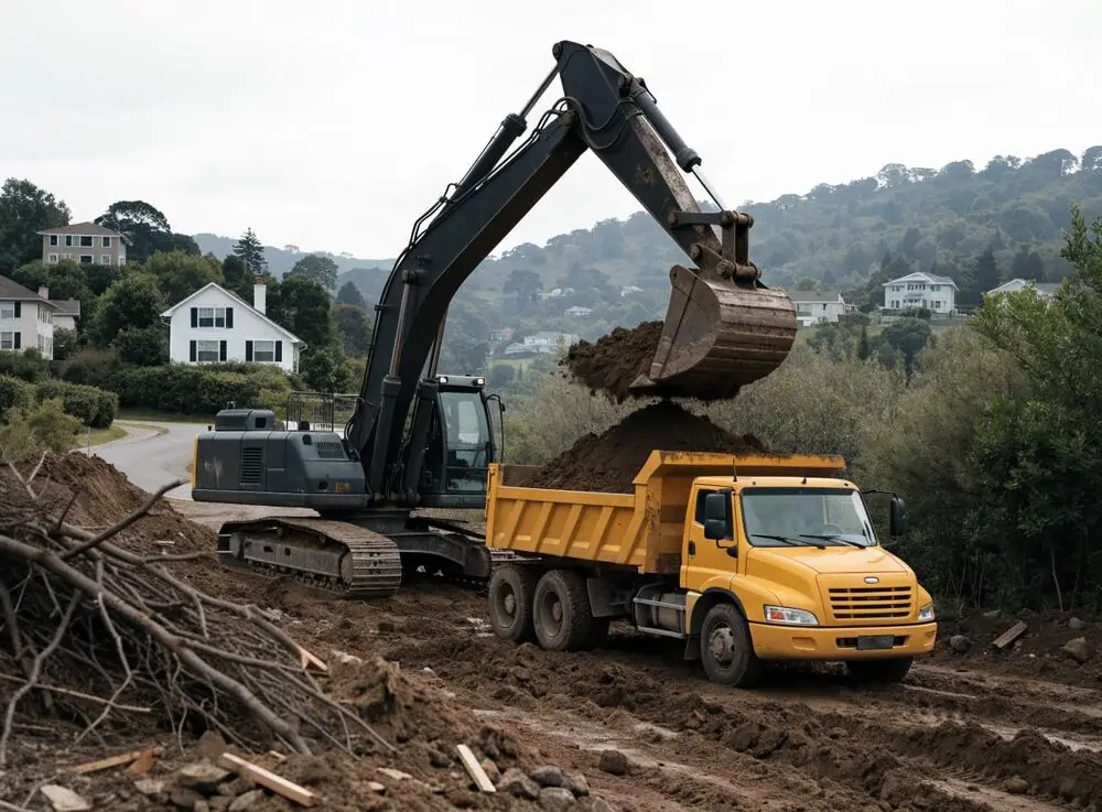 Excavator loading a dump truck during land clearing